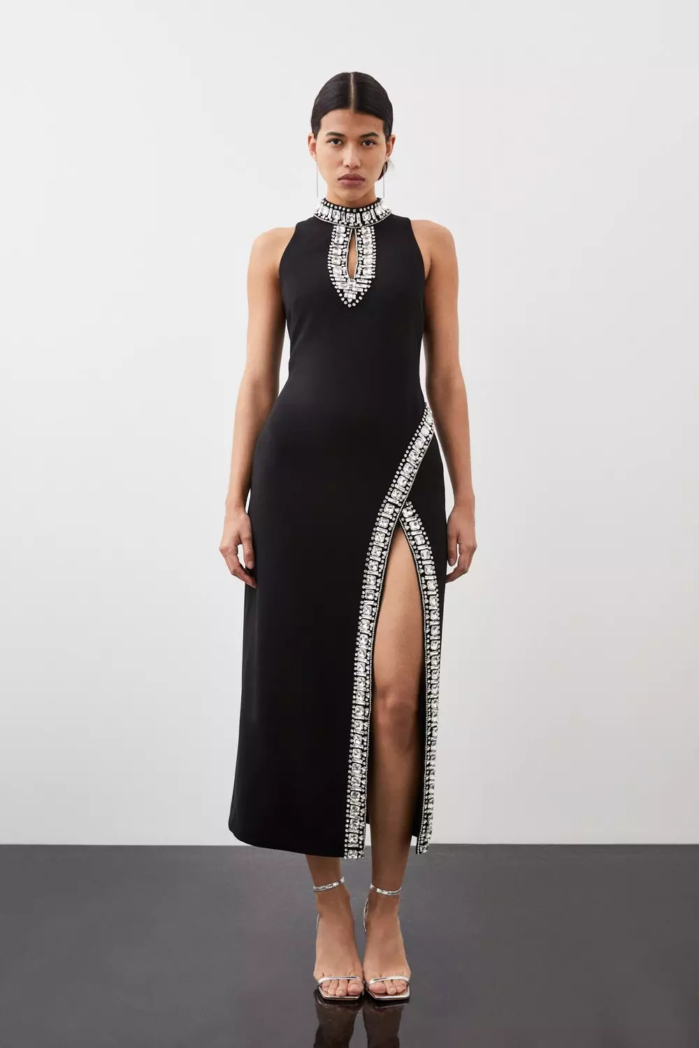 Black Crystal Embellished Woven Thigh Split Midi Dress alternative image