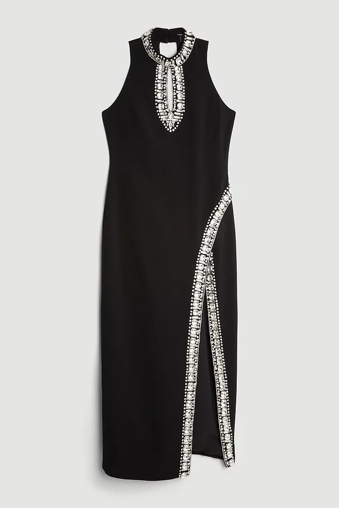 Crystal Embellished Woven Thigh Split Midi Dress | Karen Millen Crystal Embellished Woven Thigh Split Midi Dress | Karen Millen