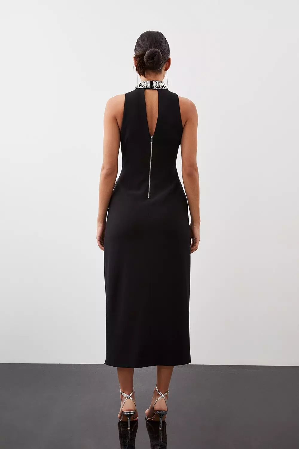 Black Crystal Embellished Woven Thigh Split Midi Dress alternative image
