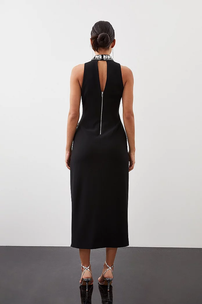 Crystal Embellished Woven Thigh Split Midi Dress | Karen Millen Crystal Embellished Woven Thigh Split Midi Dress | Karen Millen