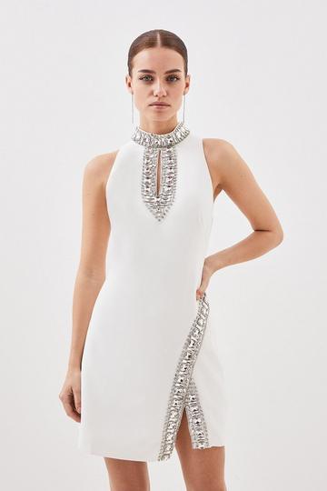 Petite Crystal Embellished Woven Mini Dress ivory
