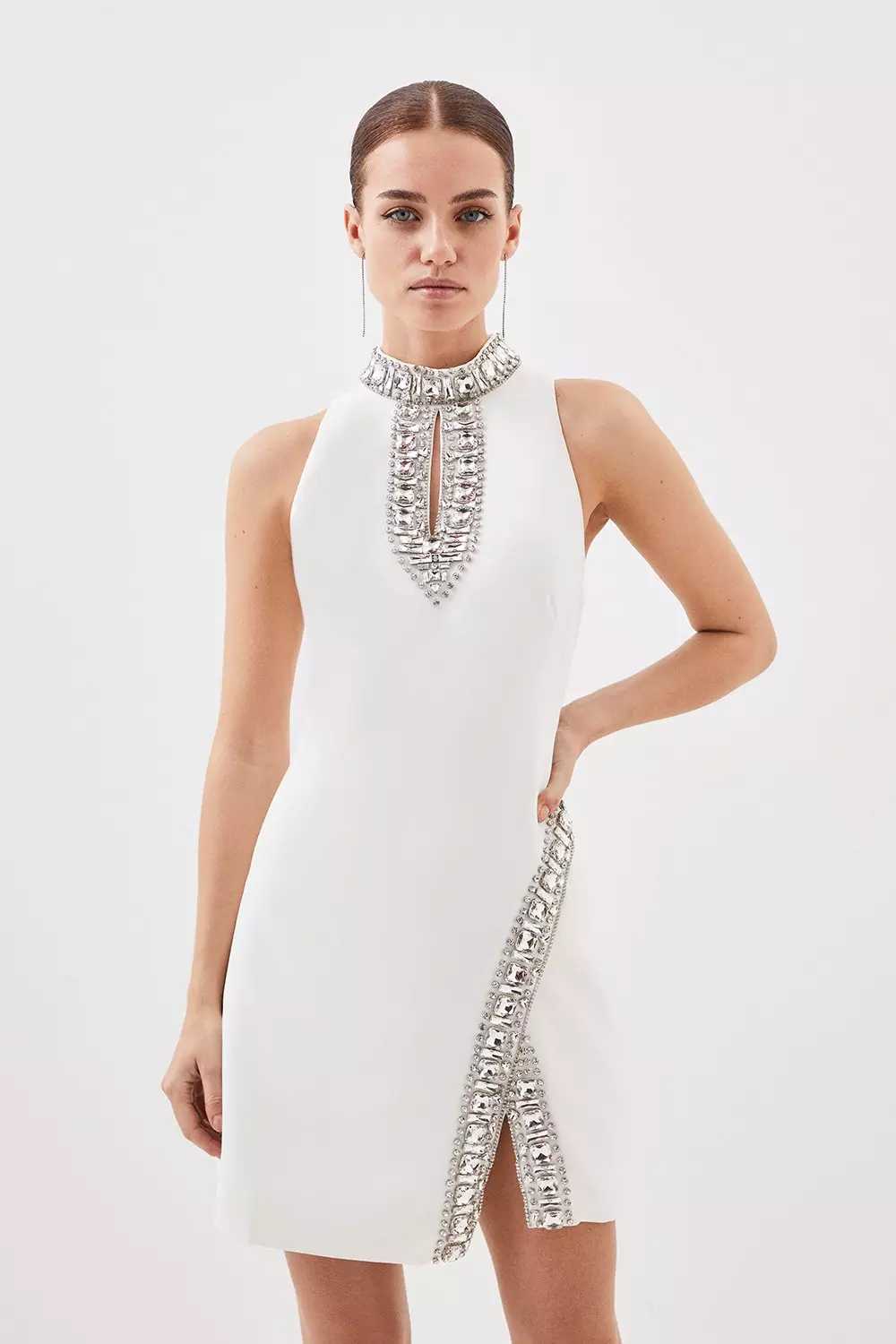 Petite Crystal Embellished Woven Mini Dress Karen Millen