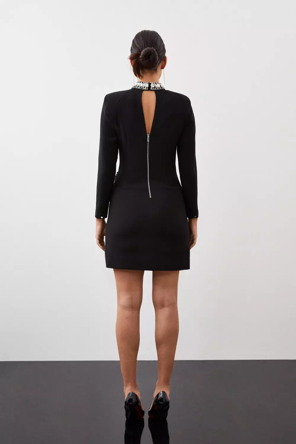 Petite Crystal Embellished Woven Long Sleeve Mini Dress | Karen Millen