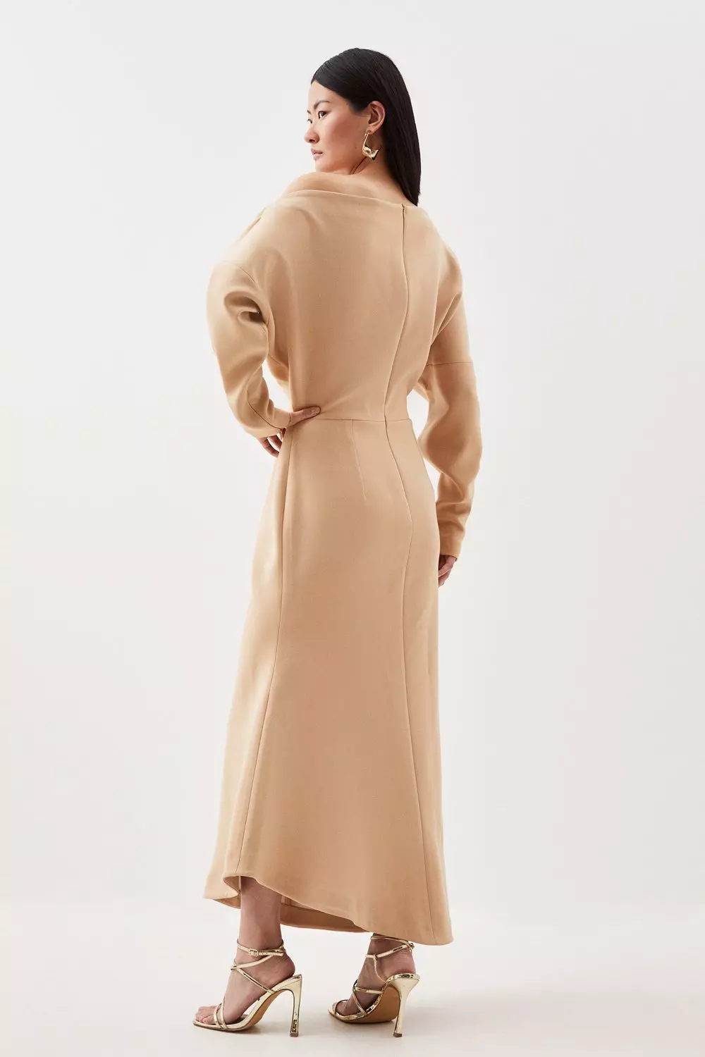 Tailored Compact Stretch Off Shoulder Long Sleeve Maxi Dress