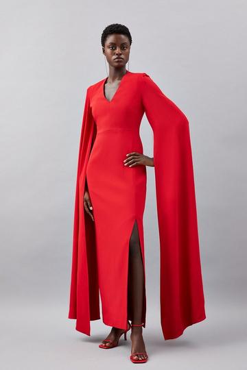 Tailored Compact Stretch Viscose Cape Sleeve Midi Pencil Dress red