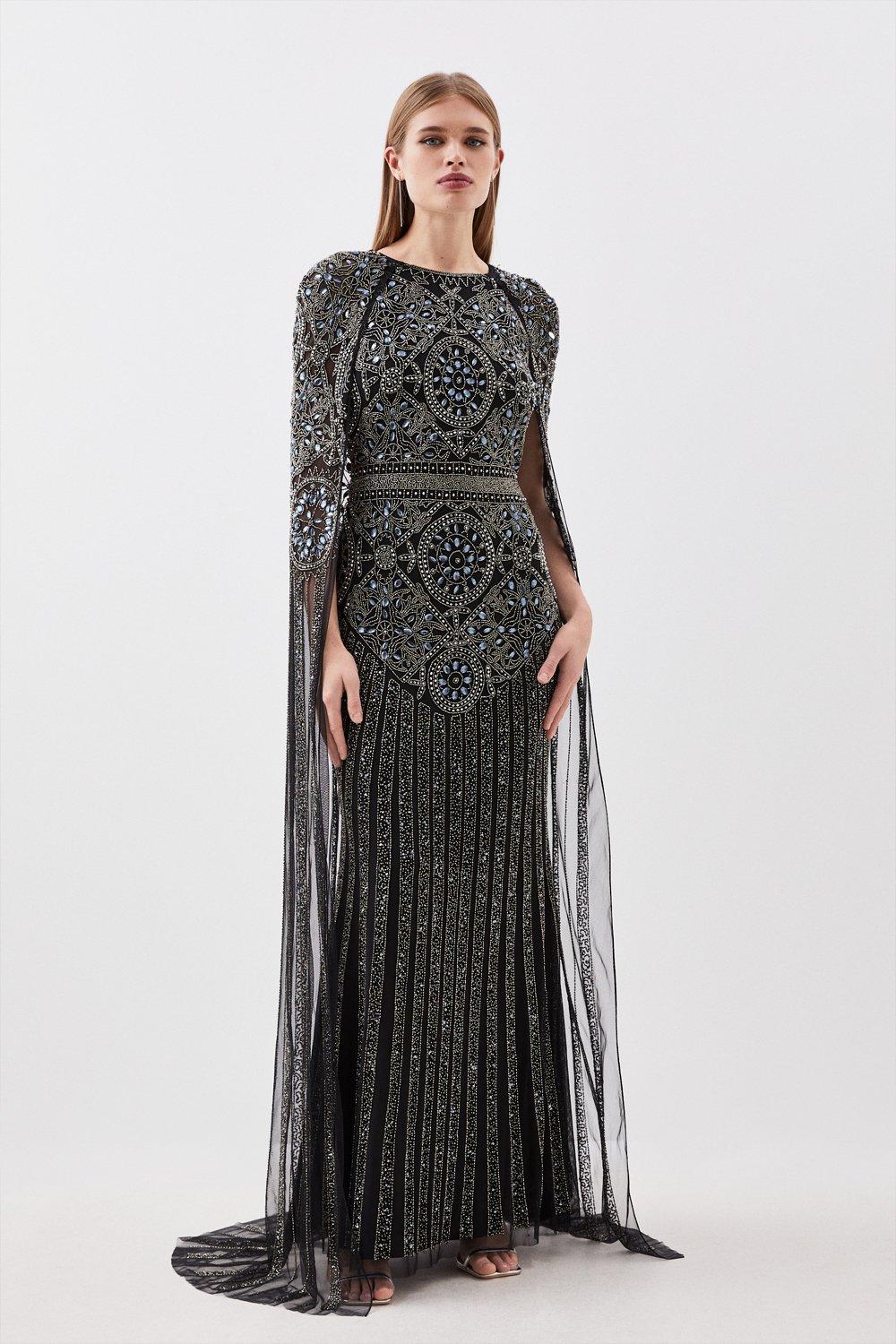 Premium Embellished Caped Woven Maxi Dress Karen Millen