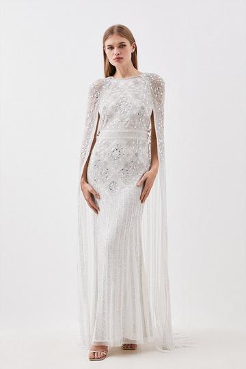 Premium Embellished Caped Woven Maxi Dress silver