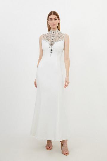 Premium Crystal Embellished Sleeveless Woven Maxi Dress ivory