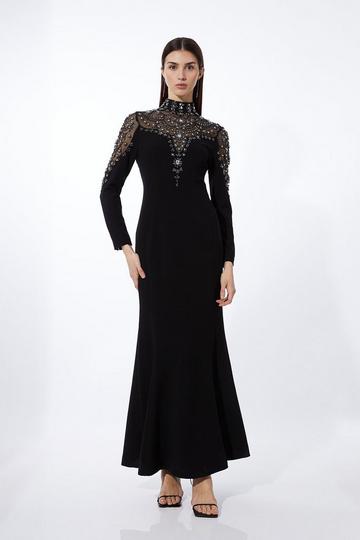 Black Premium Crystal Embellished Woven Maxi Dress