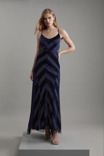 Fringed Velvet Devore Woven Maxi Dress navy