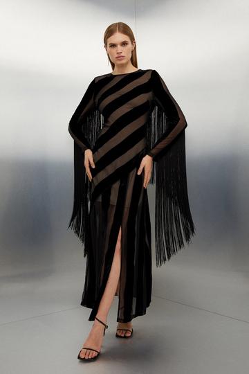 Black Petite Fringed Velvet Devore Long Sleeve Woven Maxi Dress