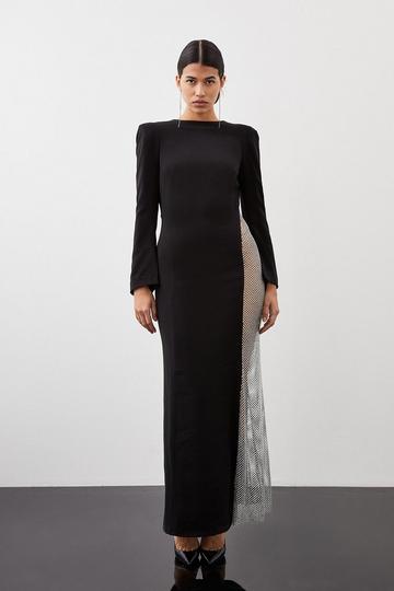 Viscose Woven Panelled Crystal Mesh Maxi Dress black