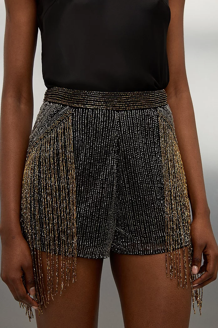 Premium Embellished Fringe Woven Shorts | Karen Millen Premium Embellished Fringe Woven Shorts | Karen Millen