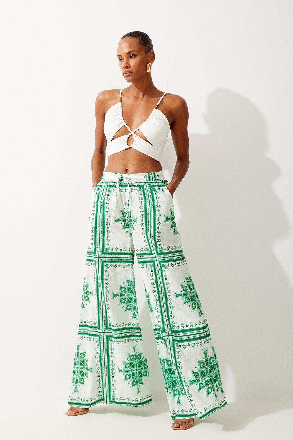 Green Printed Cotton Voile Beach Trousers