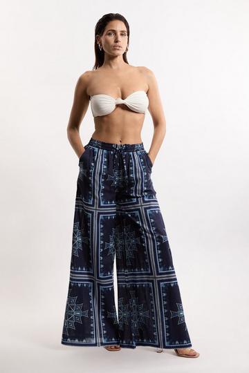 Navy Printed Cotton Voile Beach Pants