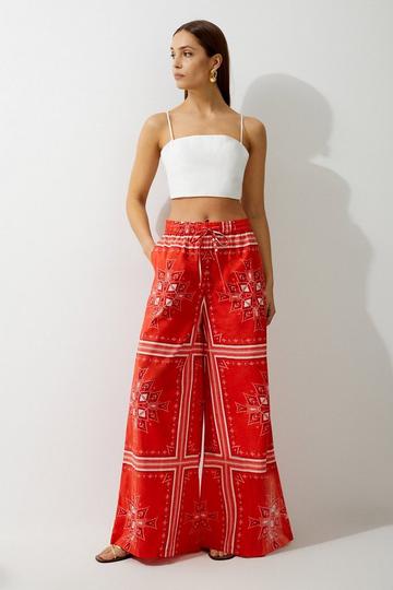 Red Printed Cotton Voile Beach Pants
