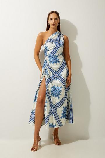 Printed Cotton Voile One Shoulder Midi Dress blue