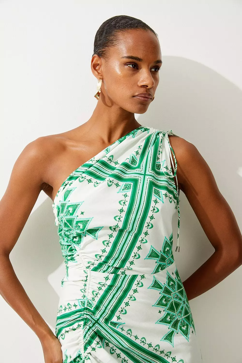 Karen Millen Womens Printed Cotton Voile One Shoulder Midi Dress Green Size Xs