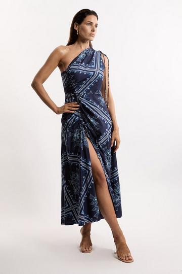 Printed Cotton Voile One Shoulder Midi Dress navy