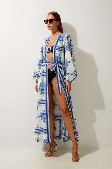 Blue Printed Cotton Voile Maxi Beach Dress