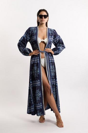 Navy Printed Cotton Voile Maxi Beach Dress