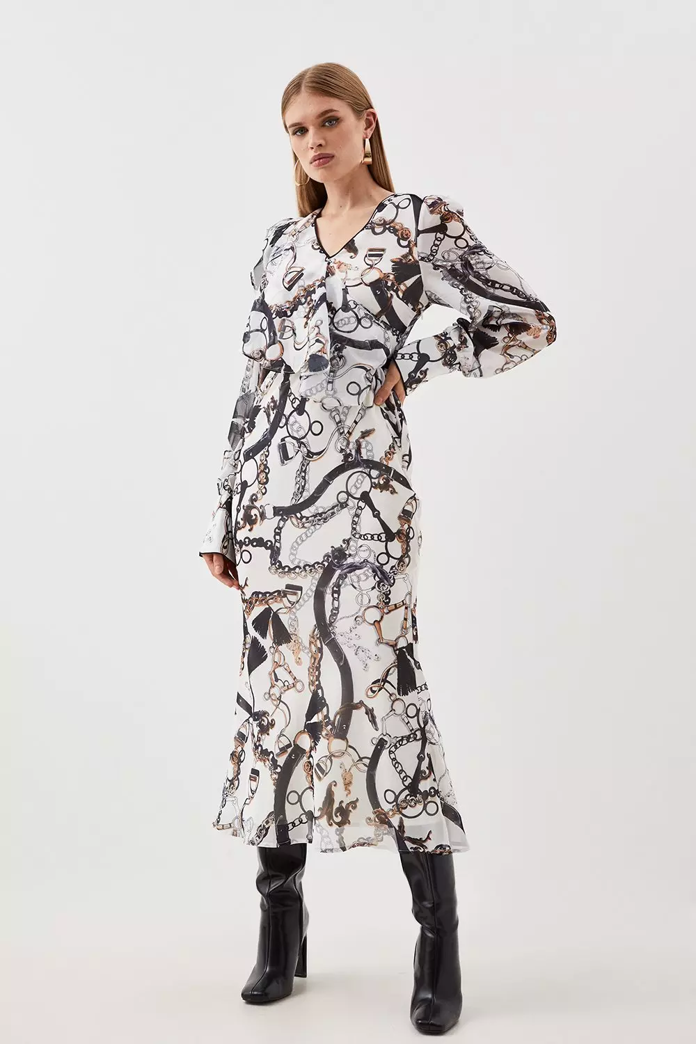 関送込【KAREN MILLEN】チェーンプリントサテンシャツドレス Karen Millen】チェーンプリント コットンサテン シャツドレス
