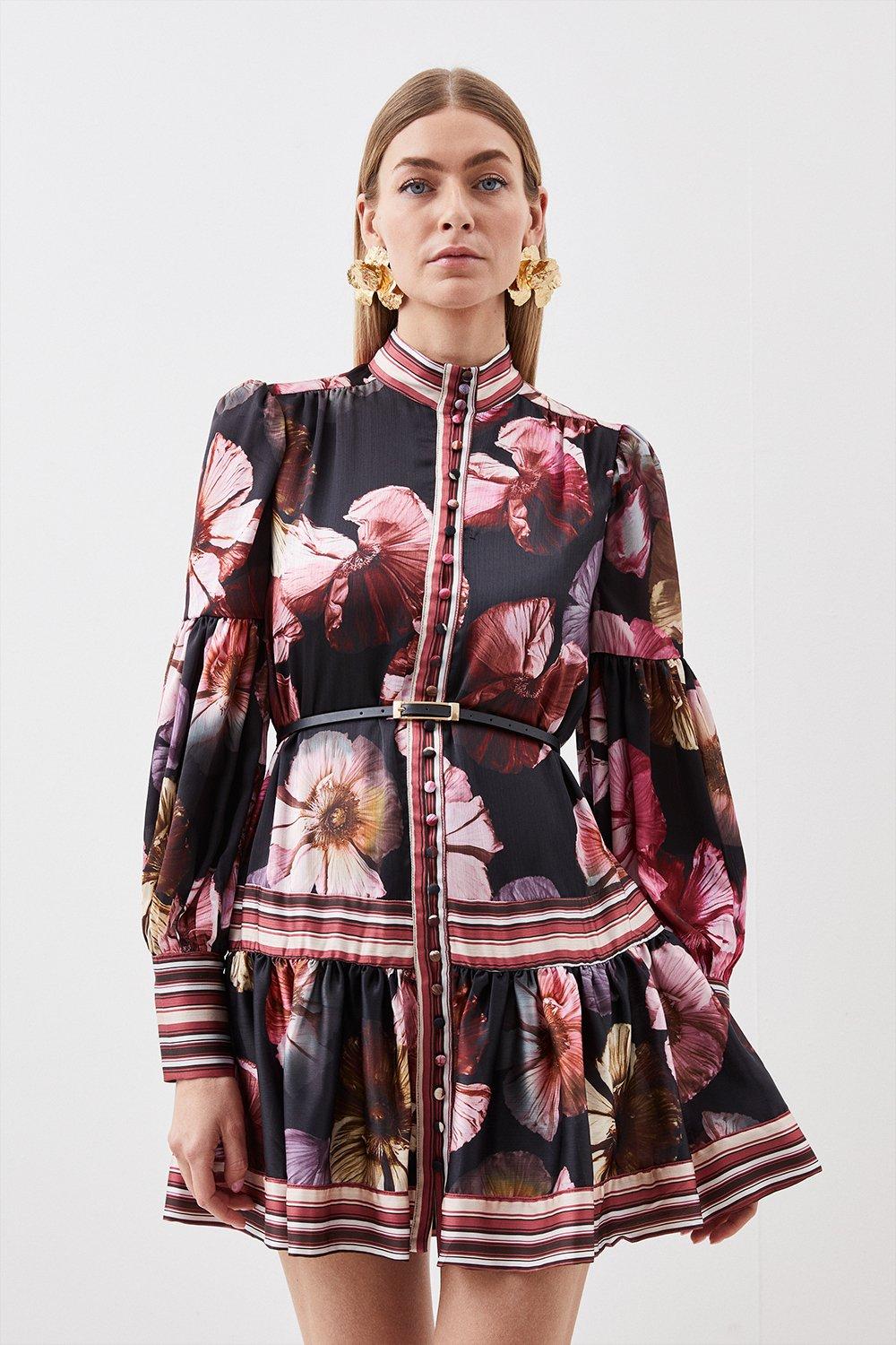 Floral Printed Belted Woven Mini Dress Karen Millen