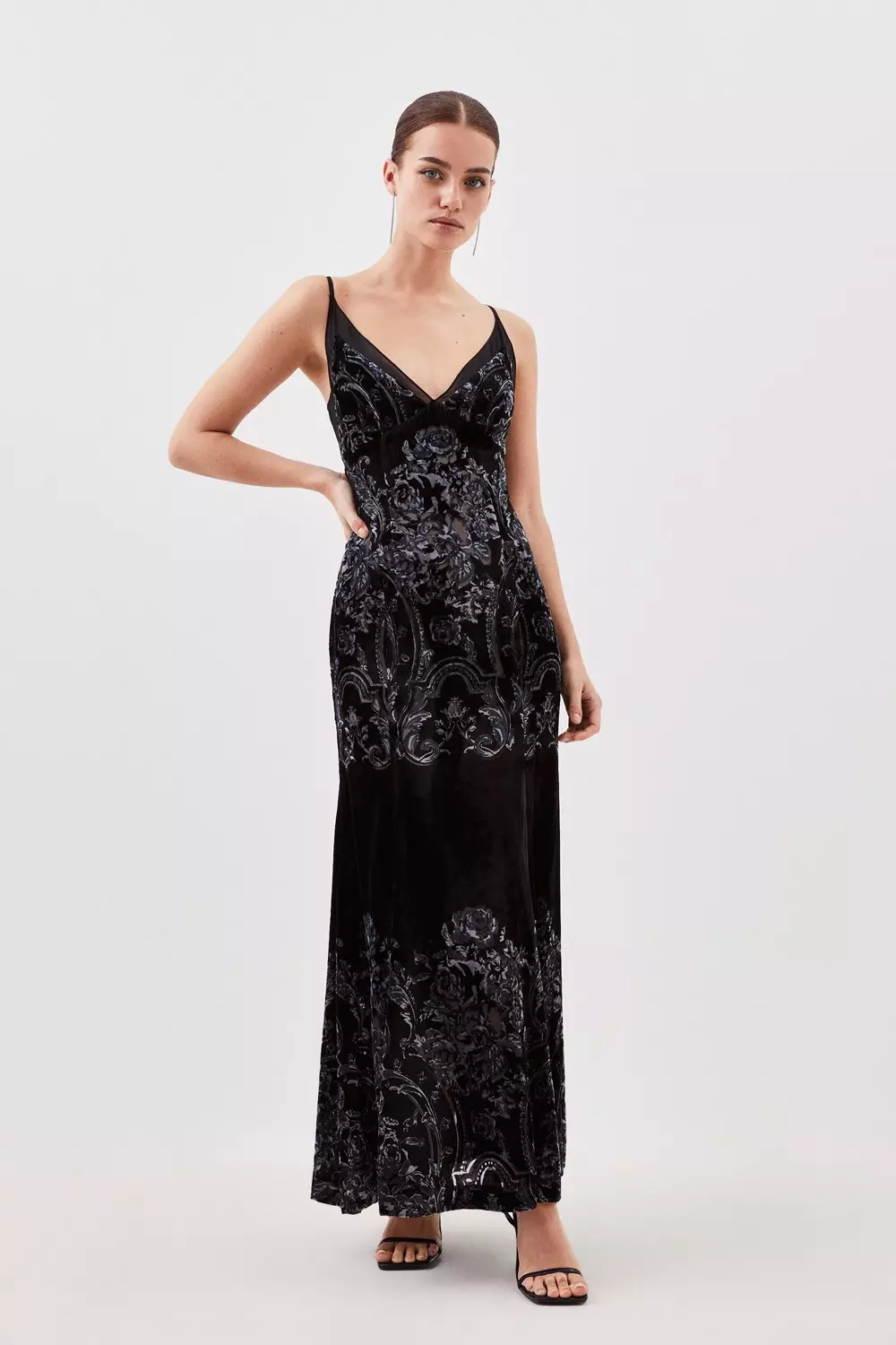Petite Placed Velvet Devore Strappy Woven Maxi Dress Karen Millen