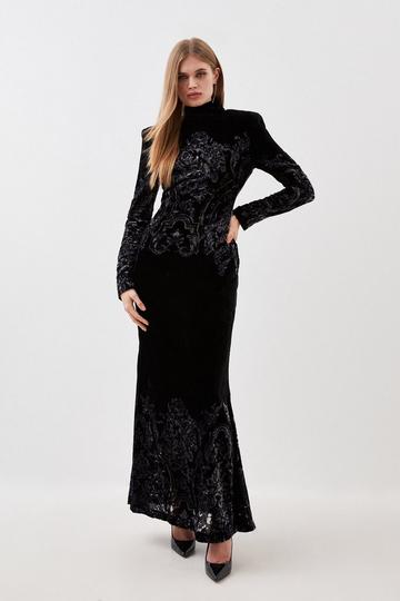 Placed Velvet Devore Long Sleeve Woven Maxi Dress black
