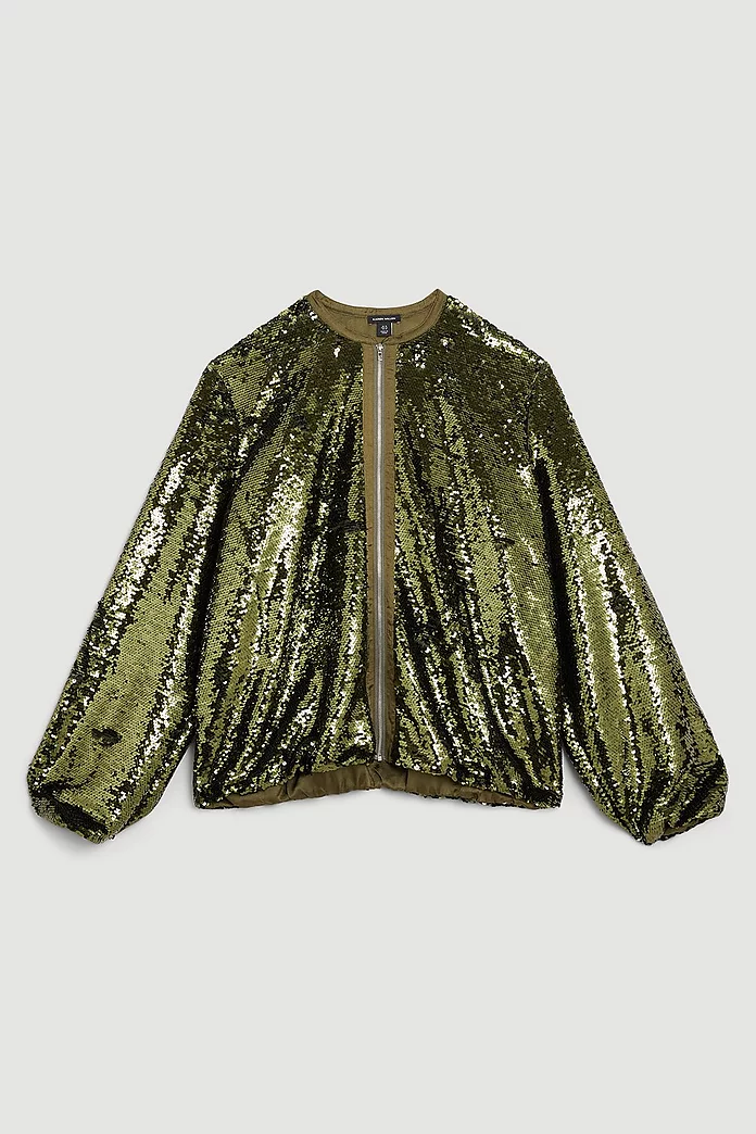 Plus Size Sequin Woven Bomber Jacket | Karen Millen Plus Size Sequin Woven Bomber Jacket | Karen Millen