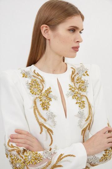 Petite Premium Crystal Powershoulder Embellished Woven Maxi Dress ivory