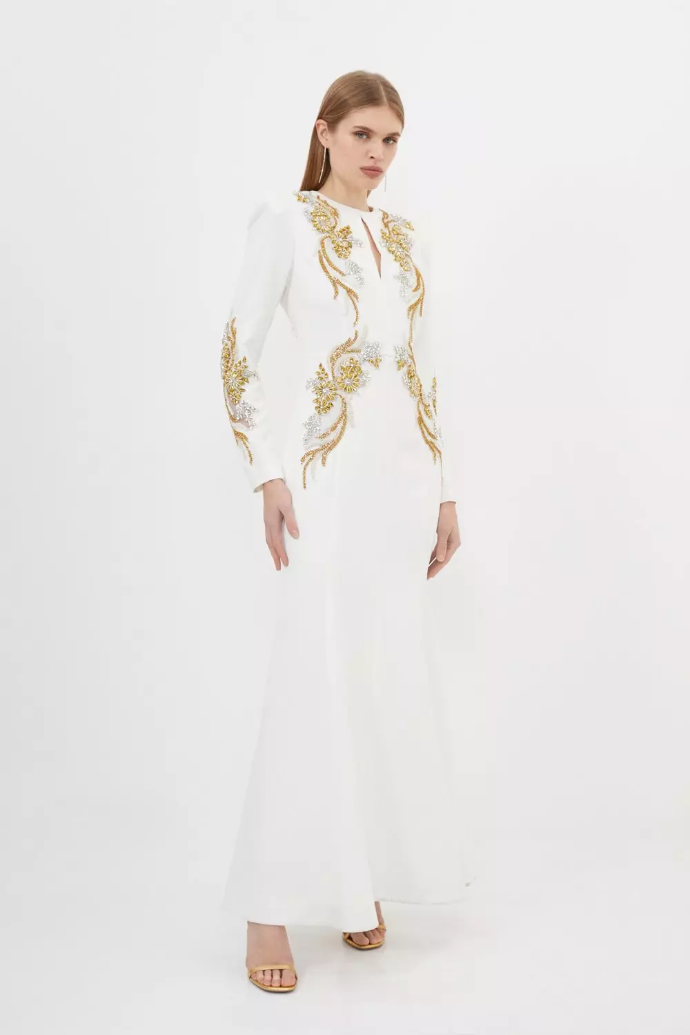Petite Premium Crystal Powershoulder Embellished Woven Maxi