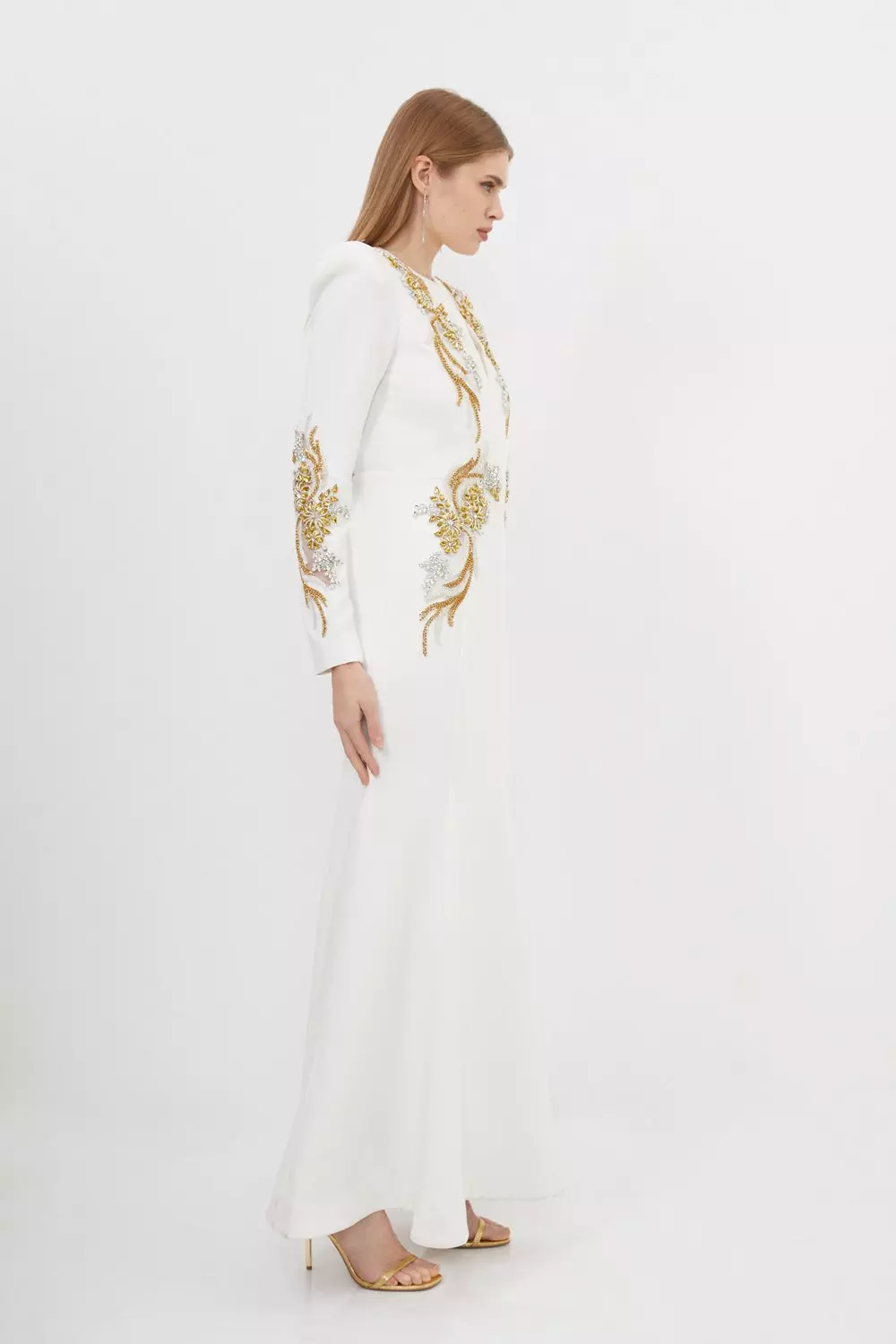 ◆KAREN MILLEN◆ フリルショルダーミディドレス / ivory Petite Premium Crystal Powershoulder Embellished Woven Maxi