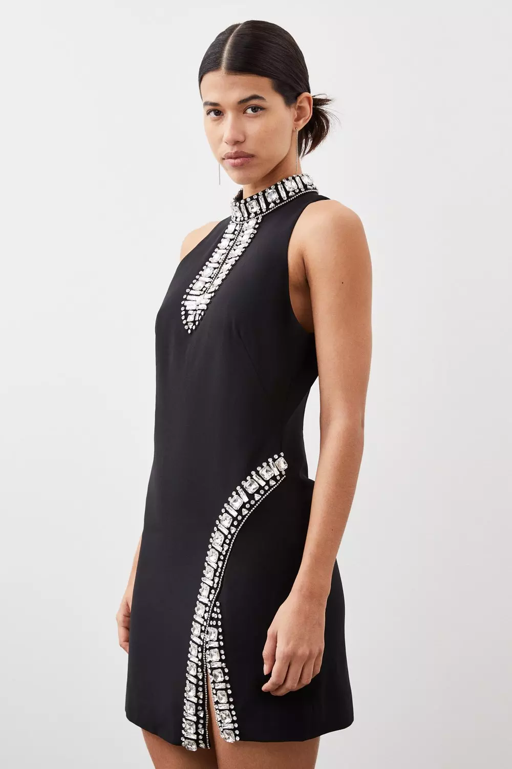 Black Crystal Embellished Woven Mini Dress alternative image