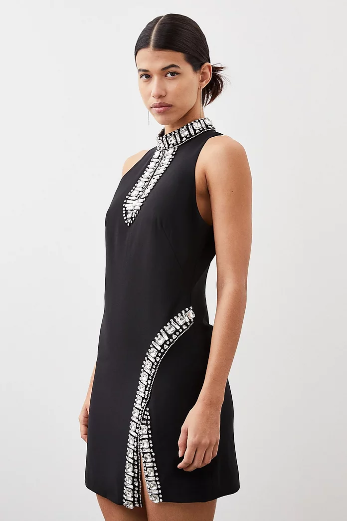 Crystal Embellished Woven Mini Dress | Karen Millen Crystal Embellished Woven Mini Dress | Karen Millen