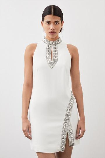 Crystal Embellished Woven Mini Dress ivory