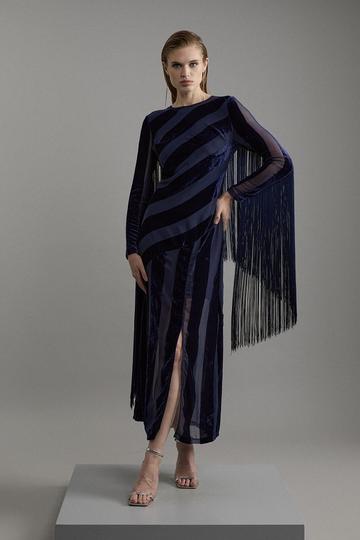 Navy Fringed Velvet Devore Long Sleeve Woven Maxi Dress