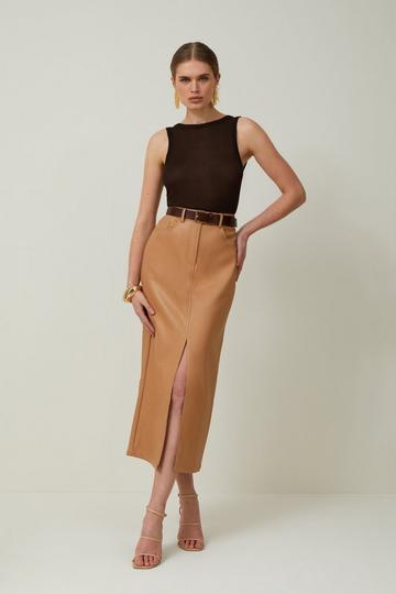 Faux Leather Pencil Maxi Skirt camel