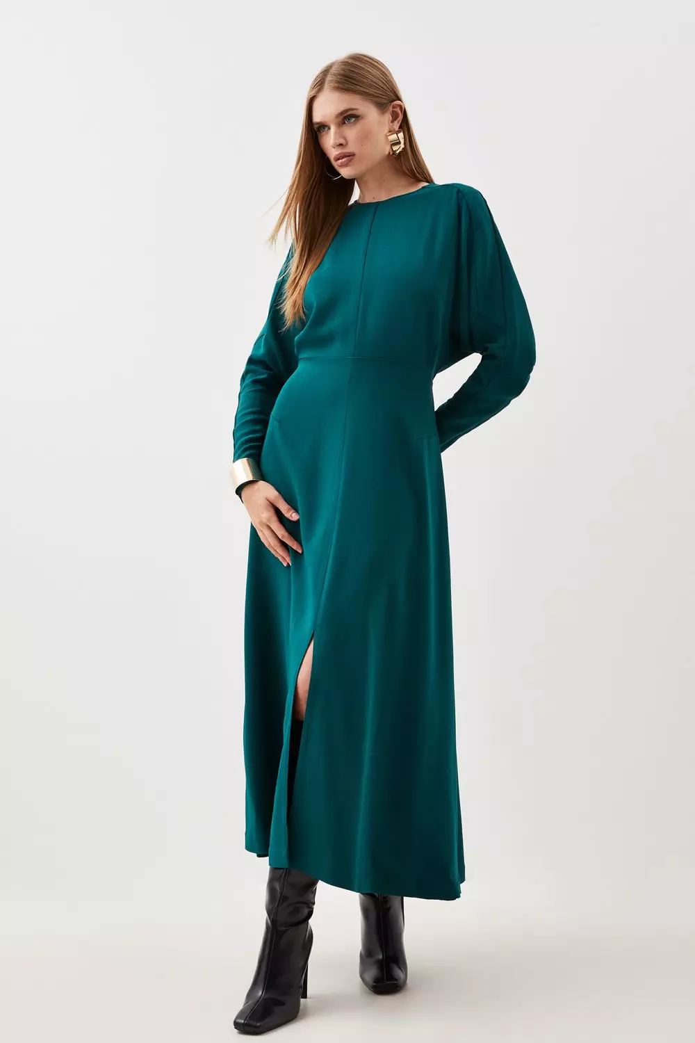 Premium Woven Viscose Crepe Long Sleeve Midi Dress | Karen Millen