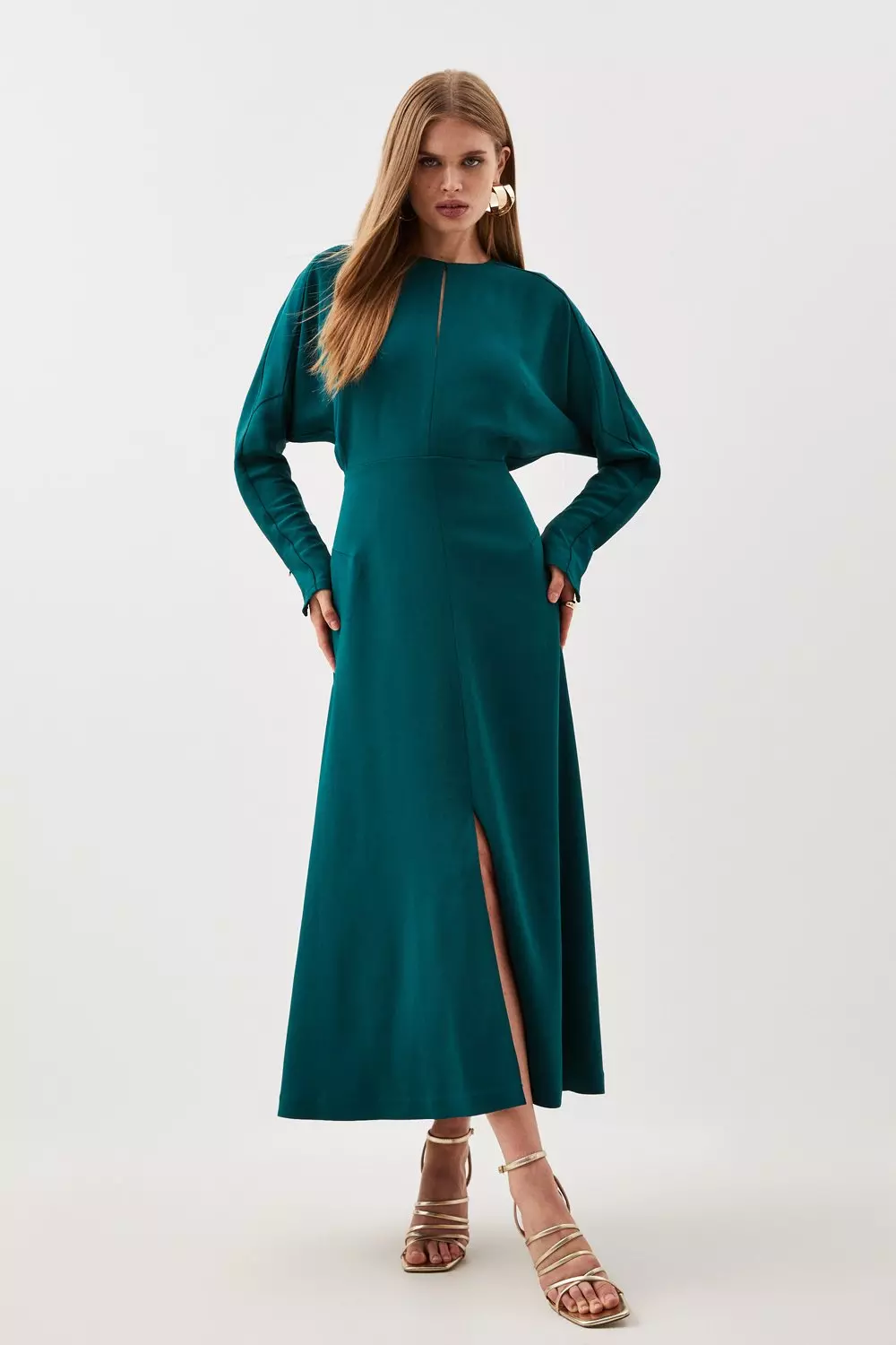 Premium Woven Viscose Crepe Long Sleeve Midi Dress | Karen