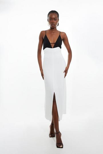 Ivory White Premium Viscose Woven Crepe Contrast Panel Midi Dress