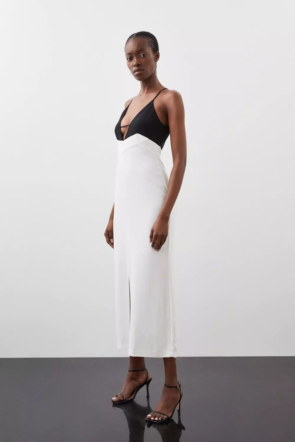Premium Viscose Woven Crepe Contrast Panel Midi Dress Karen Millen