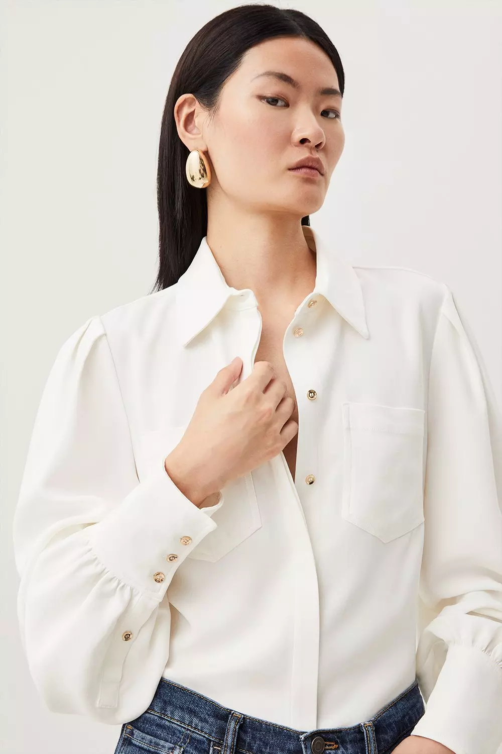 Viscose Crepe Statement Sleeve Collared Blouse Karen Millen