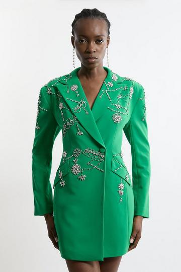 Crystal Embellished Cady Blazer Woven Mini Dress emerald