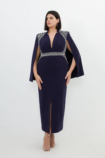 Plus Size Embellished Caddy Plunge Cape Sleeve Woven Midi Dress navy