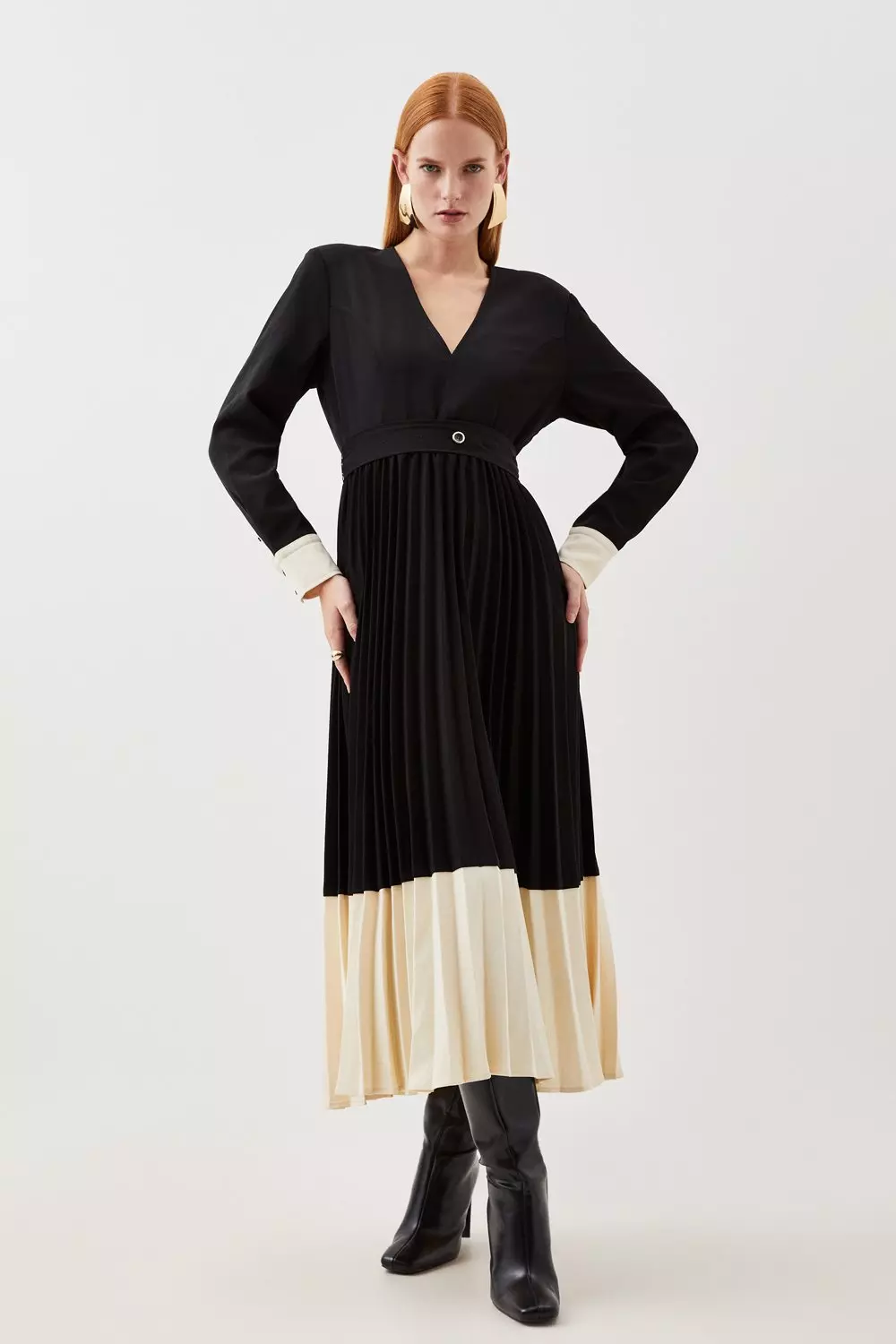Twill Pleated Woven Colour Block Maxi Dress Karen Millen