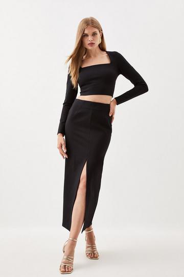 Ponte Long Sleeve Crop Top And Split Front Skirt Jersey Set black