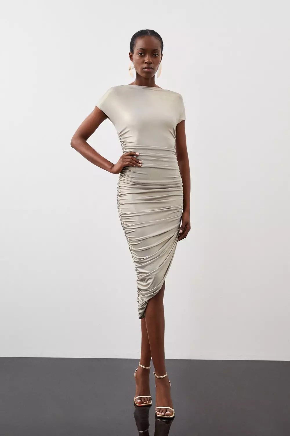 Petite Premium Jersey Metallic Asymmetric Neck Midi Dress Karen Millen