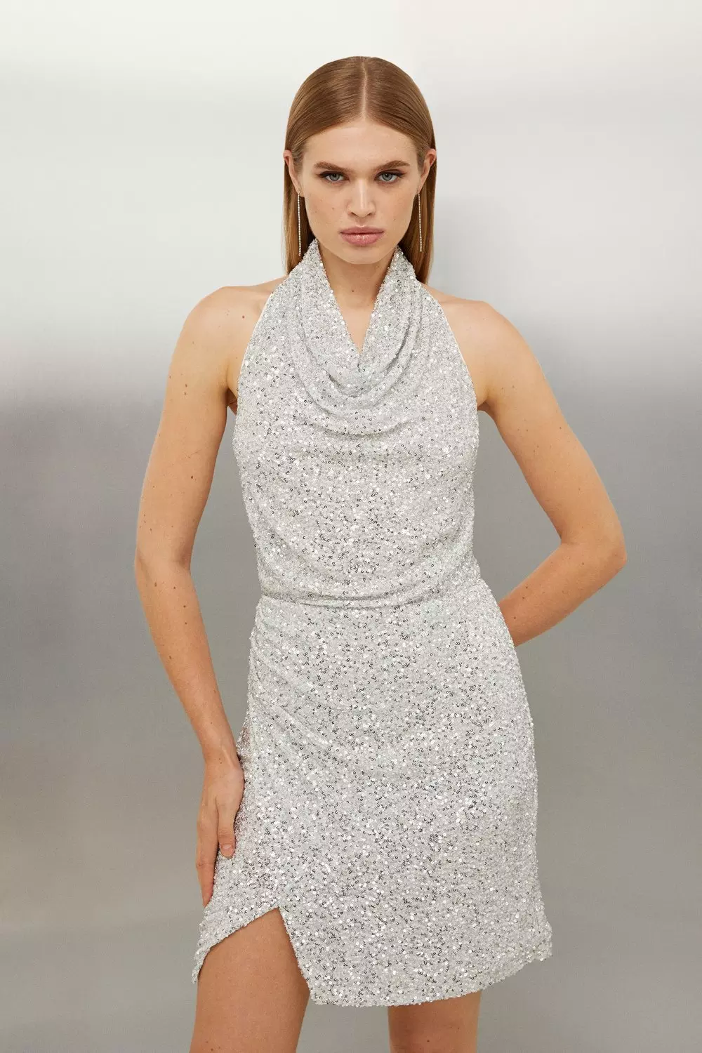 Jersey Sequin Cowl Neck Mini Dress Karen Millen