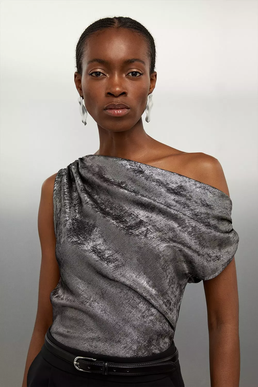 One Shoulder Metallic Woven Top | Karen Millen